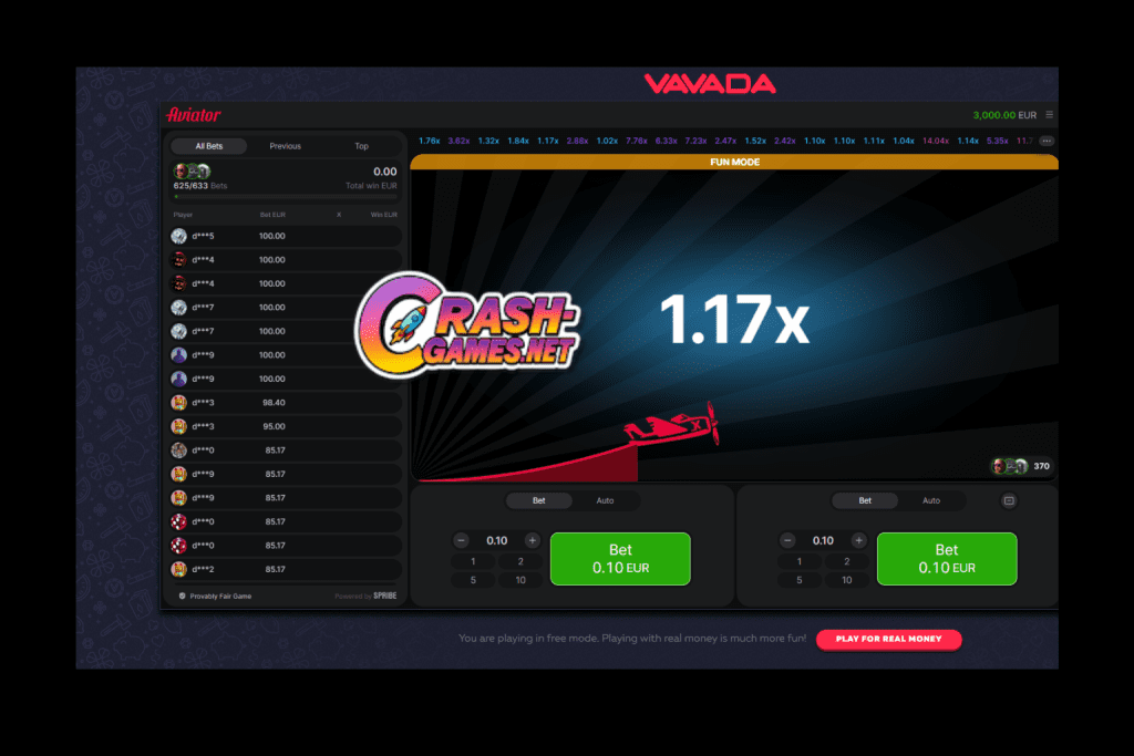 Aviator crash game by Spribe displaying 1.17x multiplier and betting panel