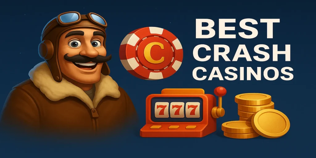 Friendly aviator with casino icons promoting the best crash gambling sites