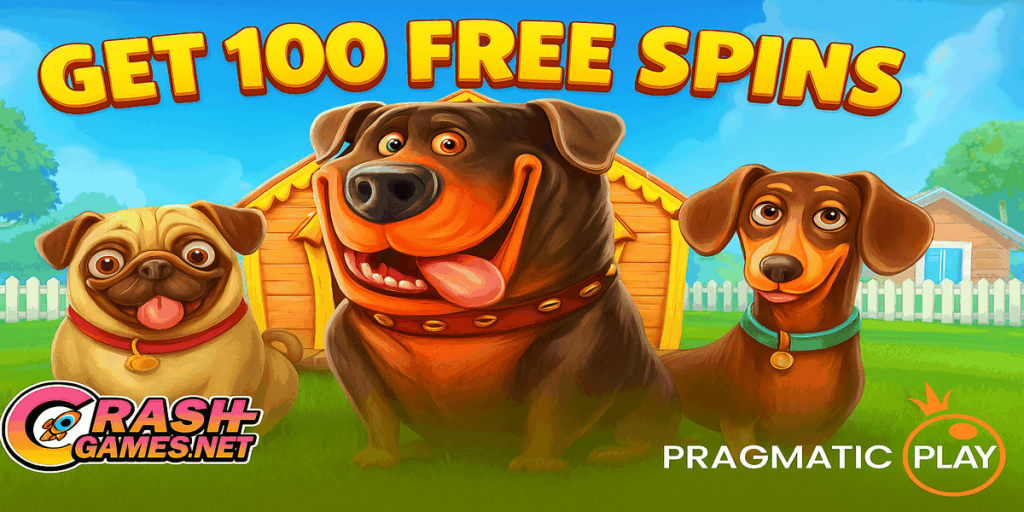 Cartoon dogs in front of a doghouse promoting “GET 100 FREE SPINS” for The Dog House slot by Pragmatic Play, Crash-Games.net logo bottom-left.