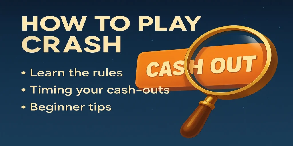 Magnifying glass over cash-out button teaching how to play crash games.