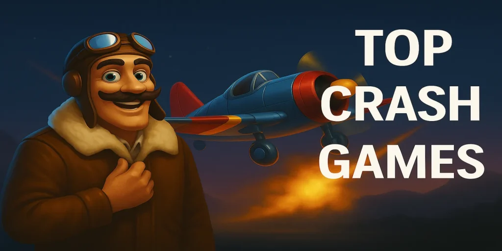 Cartoon pilot and propeller plane illustrating top crash games online.