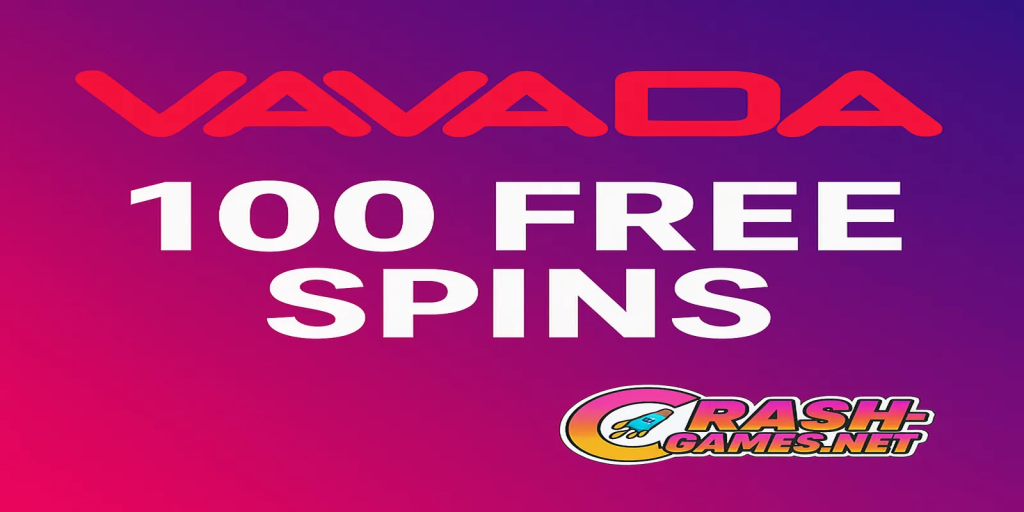 Gradient hero banner with VAVADA logo, Crash-Games rocket watermark and 100-free-spins headline
