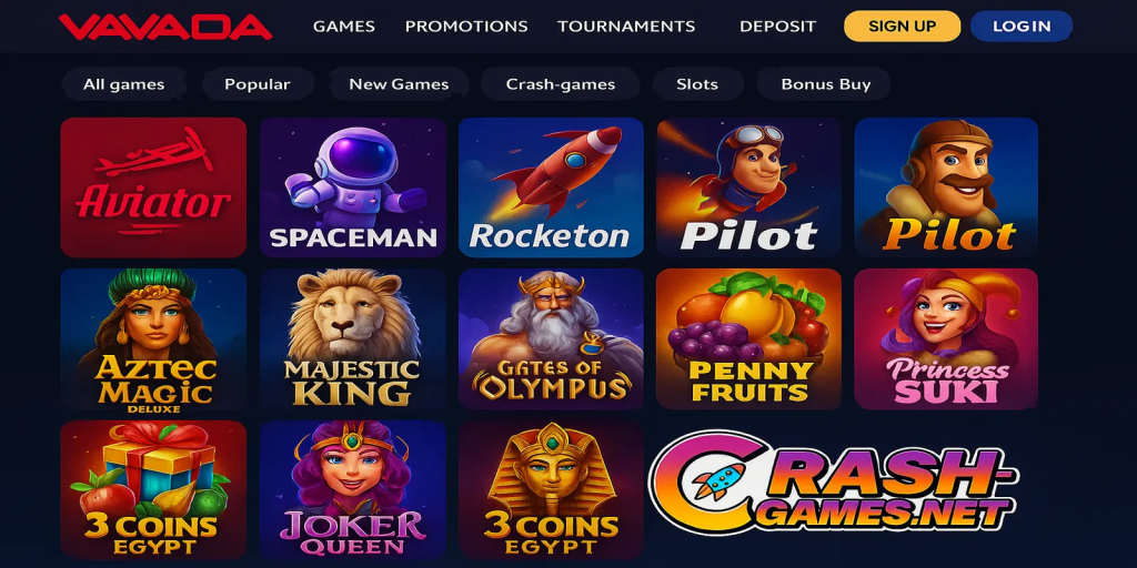 VAVADA casino desktop lobby mock-up showing crash games grid, with site logo watermark