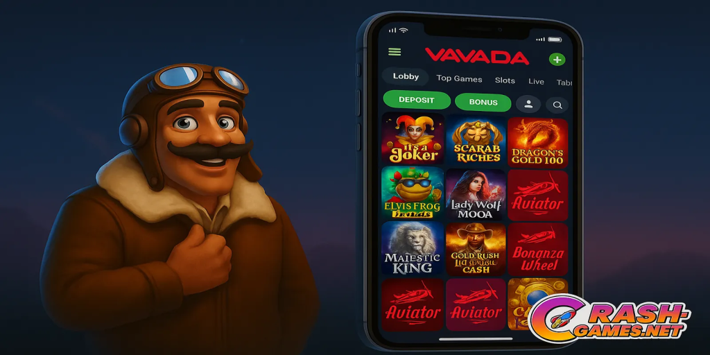 Smartphone frame displaying VAVADA mobile lobby and crash game, Crash-Games logo overlay