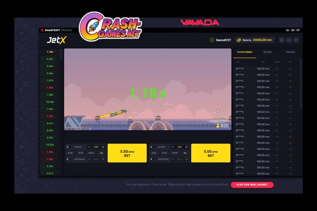 JetX crash game interface showing rising multiplier and demo bet controls on Vavada