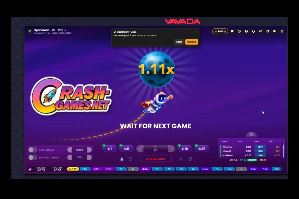 Spaceman crash game screen with 1.11x multiplier and auto cashout options