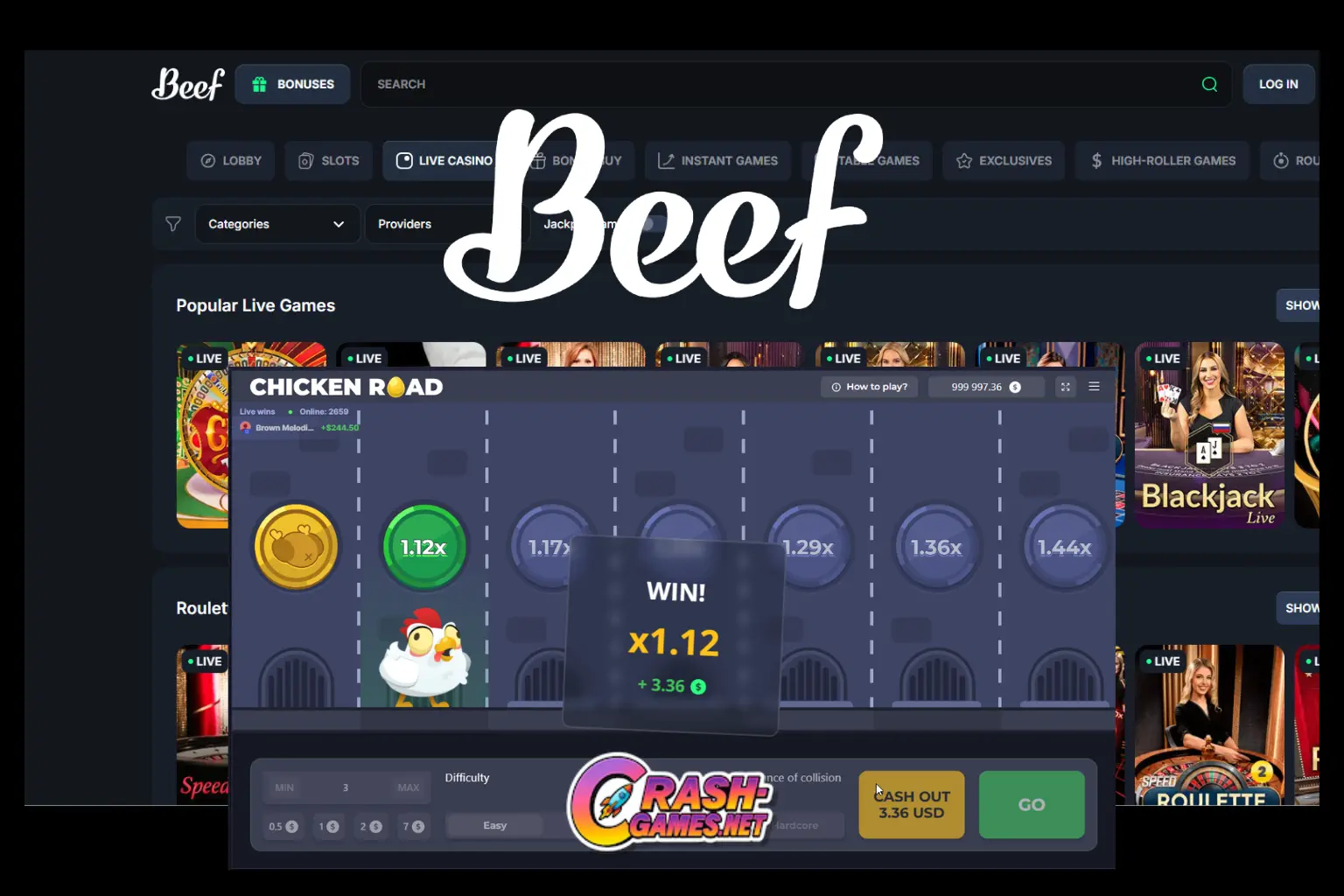 Beef Casino review for crash game chicken road players highlighting crypto payouts and game availability in 2026