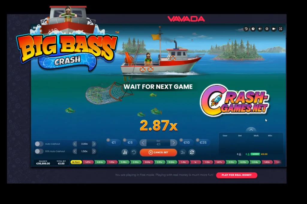 Big Bass Crash hybrid game screen with 2.87x multiplier and fishing boat theme waiting for next round