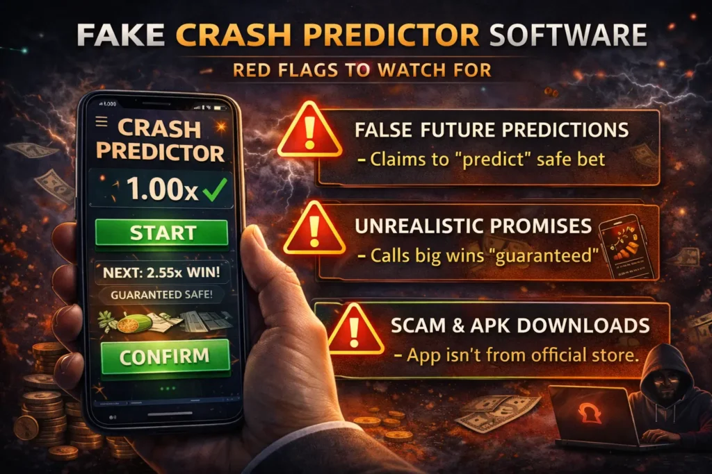 Red flags showing fake crash game prediction software interface
