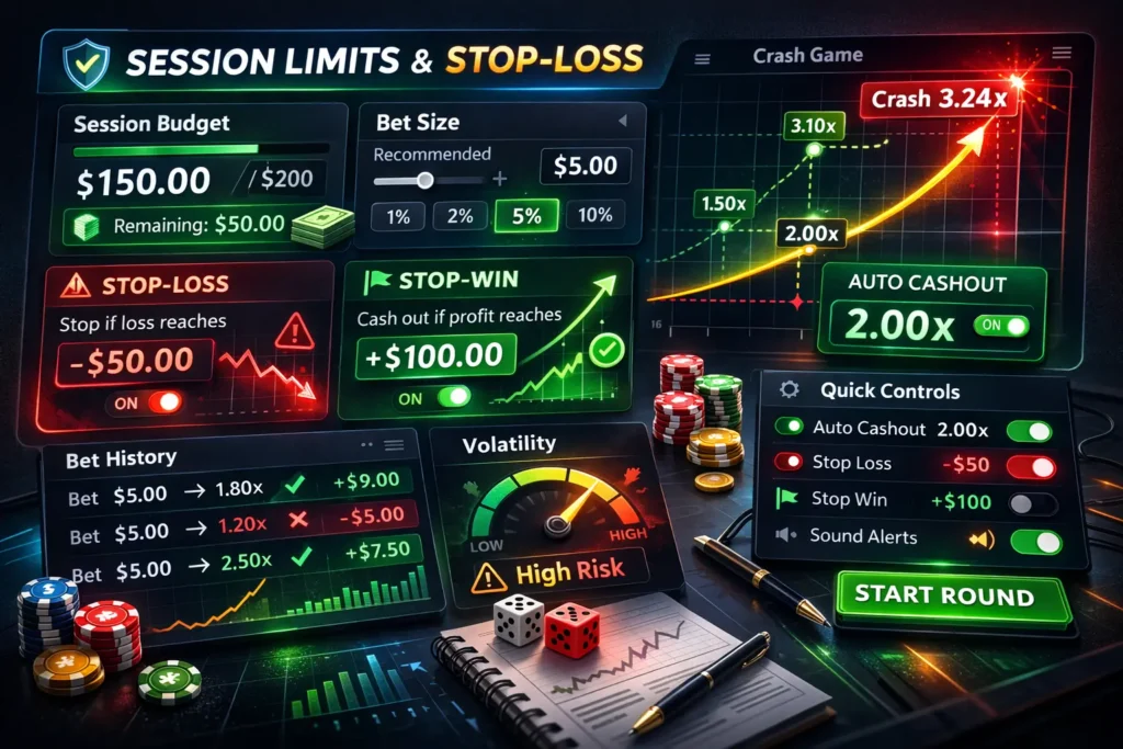 Crash game strategies overview with bankroll charts and multiplier targets