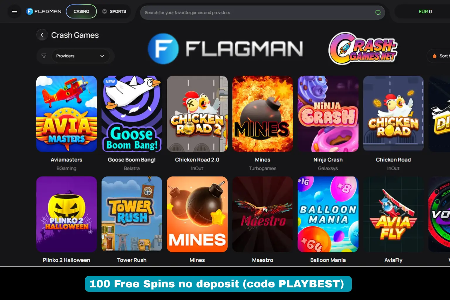 Flagman Casino crash game selection including Aviator, JetX, Chicken Road, and Mines