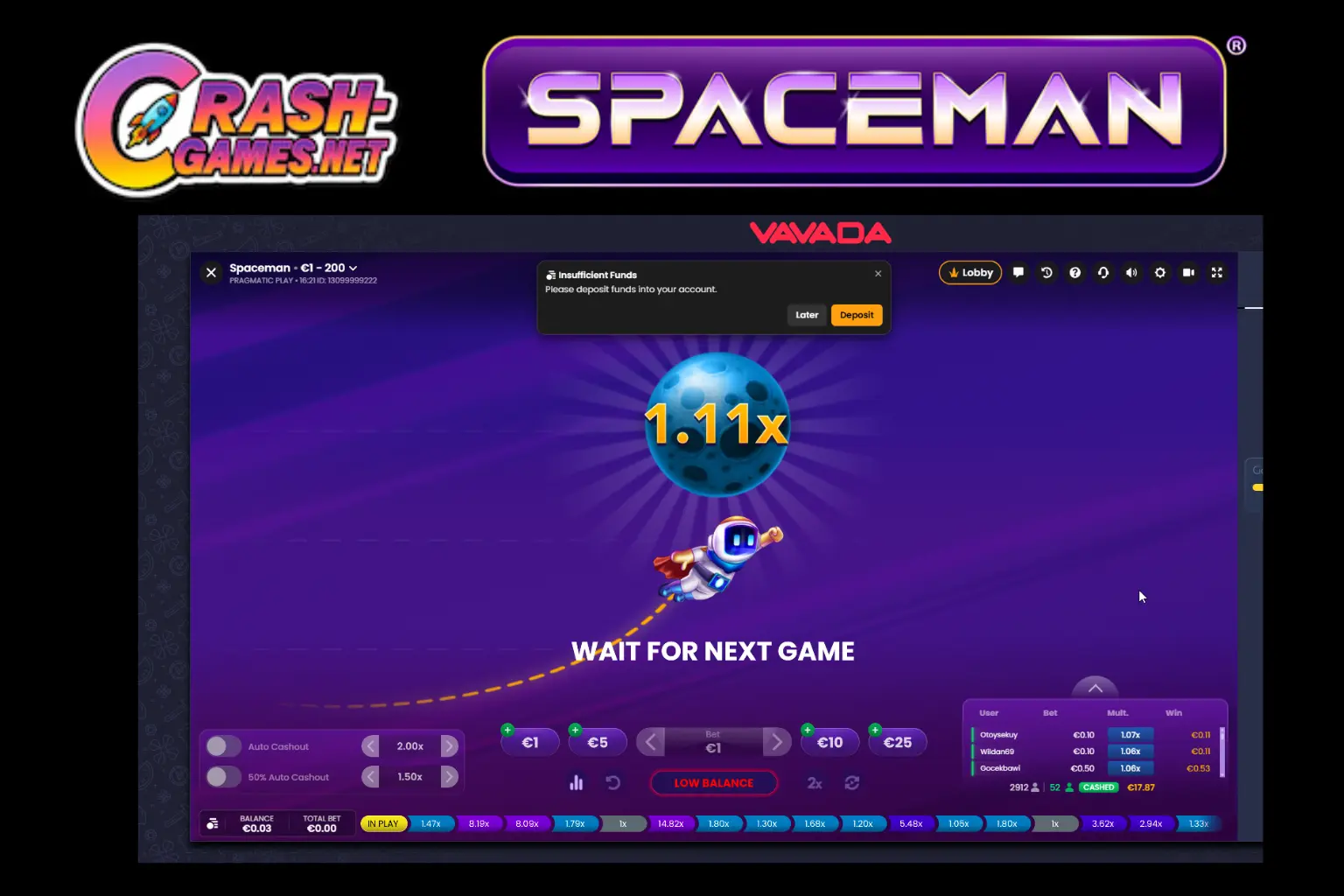 Spaceman gameplay screenshot with multiplier climbing before crash