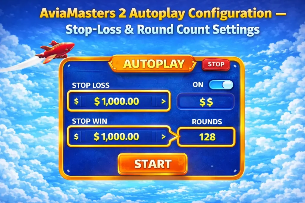 AviaMasters 2 autoplay configuration panel with stop-loss stop-win and round count settings highlighted