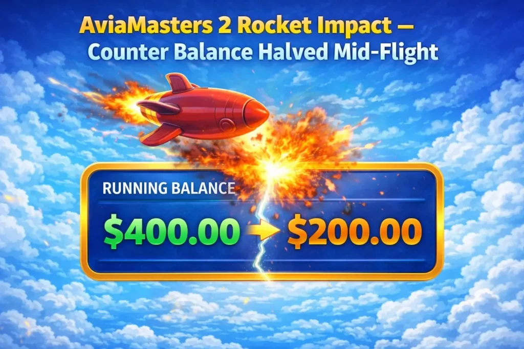 AviaMasters 2 Counter Balance display showing rocket impact halving the running balance during flight