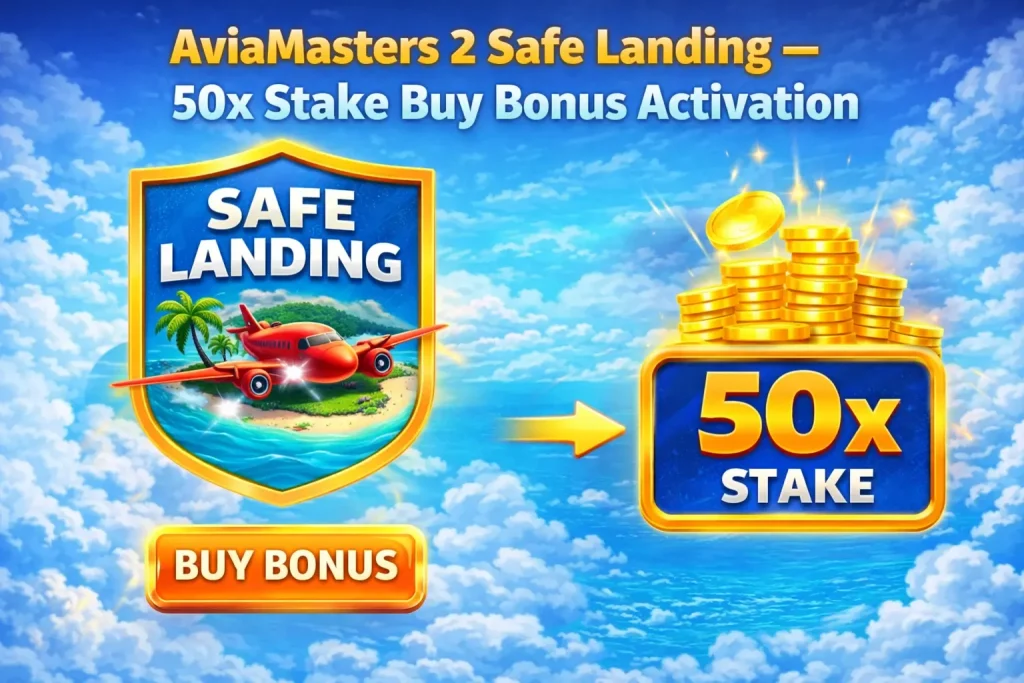AviaMasters 2 Safe Landing mode activation showing 50x stake cost with guaranteed island landing outcome