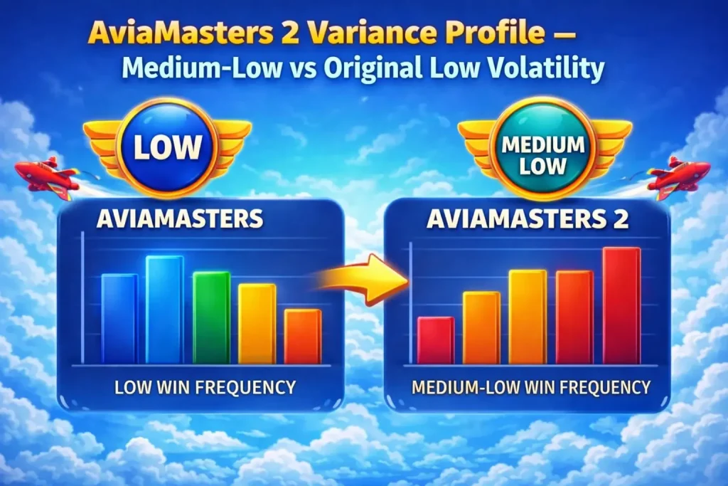 AviaMasters 2 medium-low volatility variance profile compared to original AviaMasters low volatility showing win frequency distribution