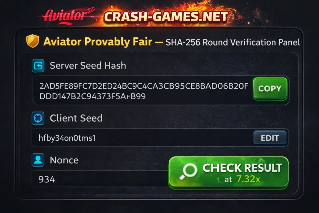 Aviator Panneau de vérification à équité prouvée montrant la graine du serveur, la graine du client et le nonce pour la vérification du résultat de la ronde.