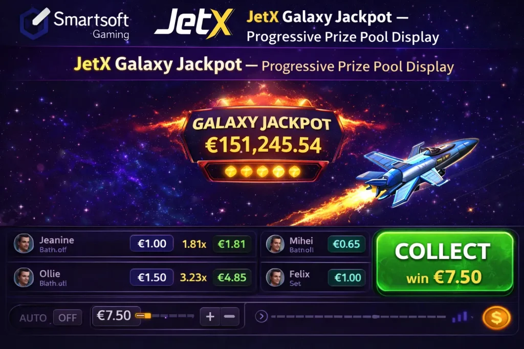JetX Galaxy Jackpot progressive prize display showing accumulated jackpot amount above gameplay area