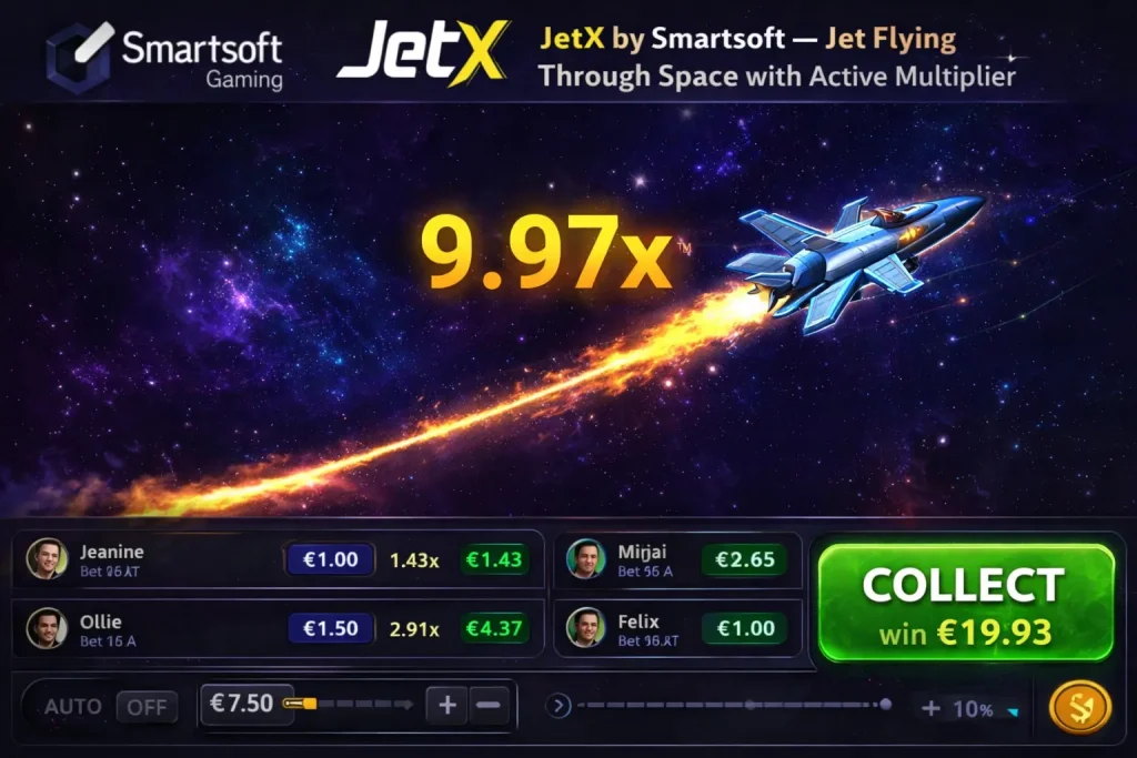 JetX by Smartsoft Gaming gameplay showing jet flying through space with rising multiplier and collect button active
