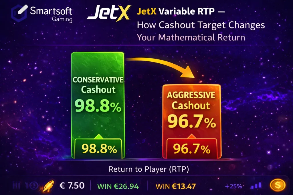 JetX variable RTP chart showing 98.8 percent at conservative cashout versus 96.7 percent at aggressive targets