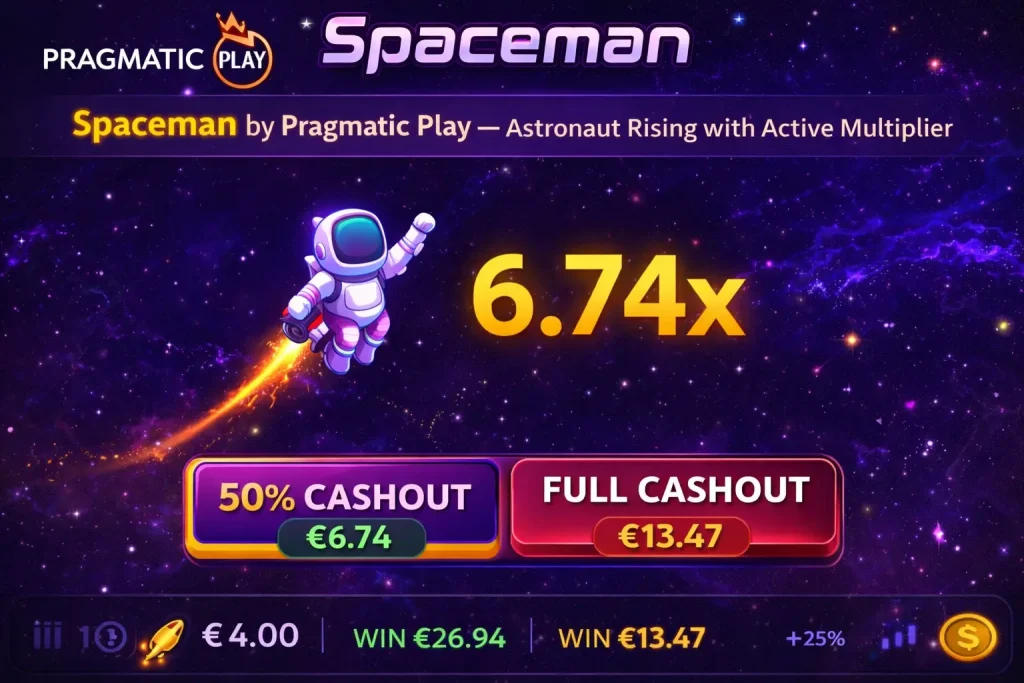 Interface d'encaissement partiel Spaceman montrant le bouton d'encaissement de 50 % mis en évidence à côté de l'option d'encaissement total pendant le tour actif.