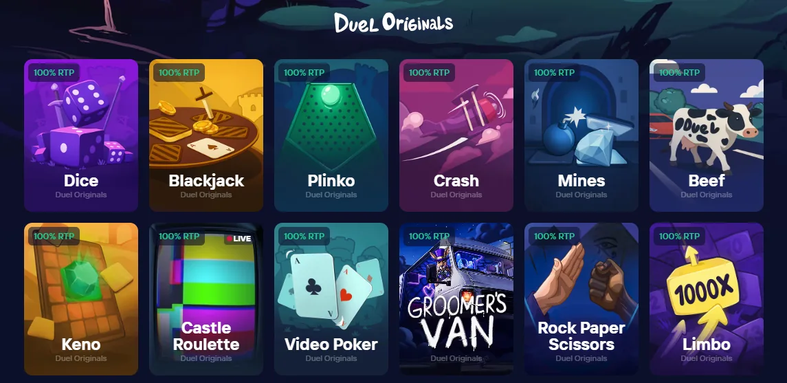Duel Originals lobby showing twelve in-house games — Dice, Blackjack, Plinko, Crash, Mines, Beef, Keno, Castle Roulette, Video Poker, Groomer's Van, Rock Paper Scissors and Limbo — each carrying a 100% RTP badge, screenshot taken 12 October 2026